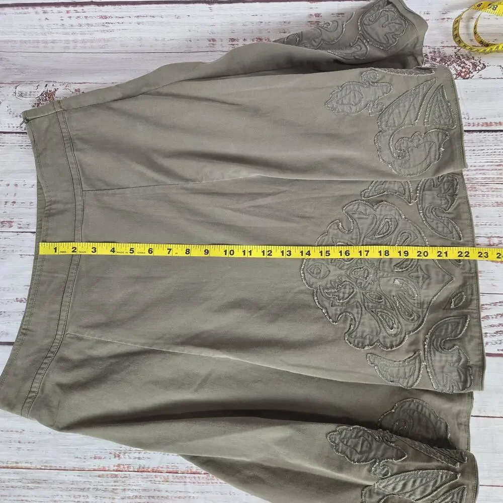 Coldwater Creek Olive Green Embroider Flare Pleated Skirt 10/12 Whimsigoth Boho